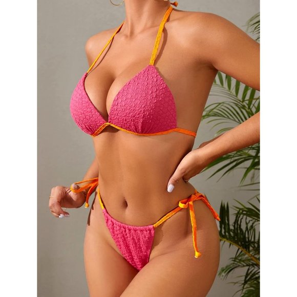 Women's Pink 2 Piece Floral Print Halter Triangle Tie Side Bikini Set - Picture 4 of 5